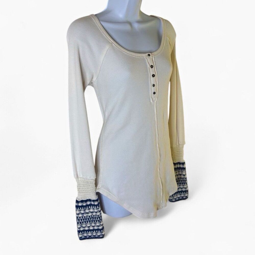 Free People Ski Lodge Newbie Thermal Henley Top Ivory Cream Blue Crochet Sz Lg